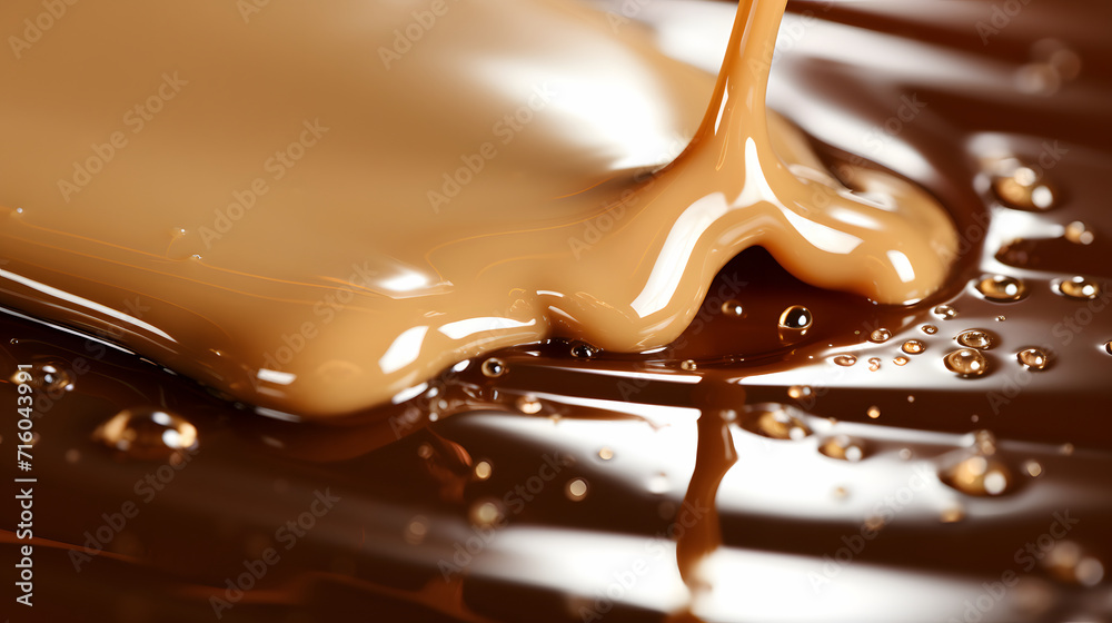 Wall mural Liquid brown sweet chocolate cream or melted cocoa and pieces of dessert on dark