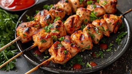 Savor the Flavor: Grilled Chicken Kebab Skewers on Wooden Table, Top View