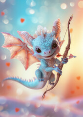 little cute baby dragon shoots a bow, cupid, valentine's day, heart, love, date, symbol, holiday, arrows, fairy tale character, postcard, illustration, pink