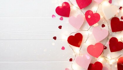 Flat Lay Valentine's Day Background With Cut-Out Hearts and lights. Copy  Space to the Left