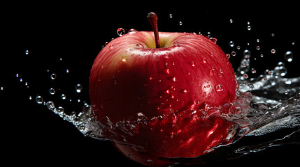 Red apples juice in water splash, healthy drink over black background