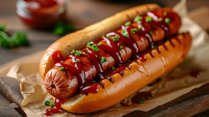 Fast Food Feast: A Close-Up Snapshot of a Hotdog Sandwich featuring Mayo, Ketchup, and Local American Vegetable Flavors