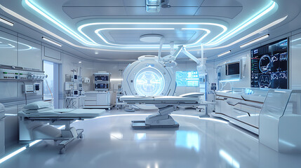 Um elegante quarto de hospital moderno está cheio de luz ambiente lançando um brilho suave nos equipamentos médicos avançados e na tecnologia futurista presente - obrazy, fototapety, plakaty