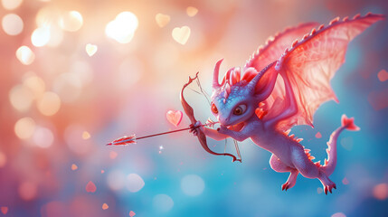 Obraz na płótnie Canvas little cute baby dragon shoots a bow, cupid, valentine's day, heart, love, date, symbol, holiday, arrows, fairy tale character, postcard, illustration, pink