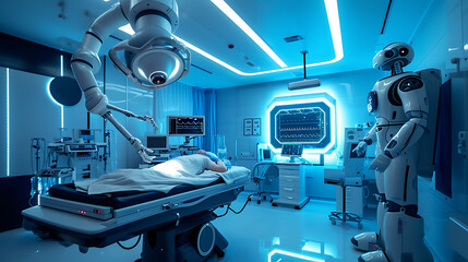 Uma sala de hospital moderna e elegante é iluminada por luzes ambiente azuis e brancas criando uma sensação de calma e eficiência - obrazy, fototapety, plakaty