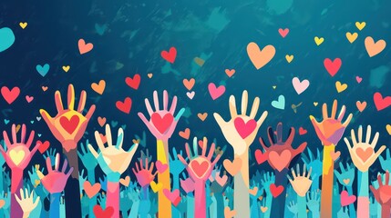 Fototapeta na wymiar Voluntary, charity and donation flat illustration. Volunteers, social workers holding hearts in palms. Group of people raising hands. Unity in diversity. Social help for people in need clipart