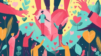 Voluntary, charity and donation flat  illustration. Volunteers, social workers holding hearts in palms. Group of people raising hands. Unity in diversity. Social help for people in need clipart