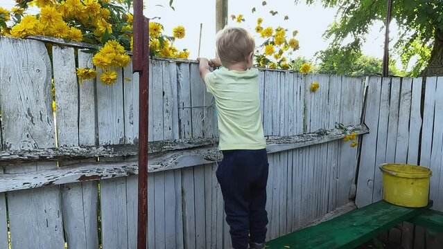 A small child is jumping on a bench near the fence.The concept of height, danger, injury, parental control, falling, pain, loneliness, coordination of movements, sports, prohibitions, rules of conduct
