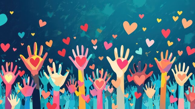 Voluntary, Charity And Donation Flat  Illustration. Volunteers, Social Workers Holding Hearts In Palms. Group Of People Raising Hands. Unity In Diversity. Social Help For People In Need Clipart