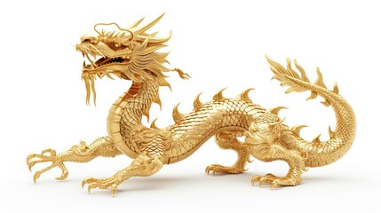 Fototapeta premium Chinese golden dragon isolated on white with clipping path.Golden traditional chinese dragon isolated on white background. Feng Shui statuette.
