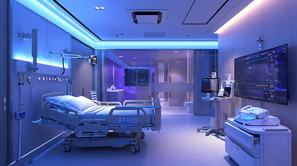 Um moderno quarto de hospital é iluminado por uma luz ambiente suave lançando um brilho calmante sobre o equipamento médico avançado que preenche o espaço