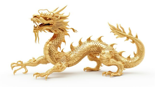 Chinese golden dragon isolated on white with clipping path.Golden traditional chinese dragon isolated on white background. Feng Shui statuette.