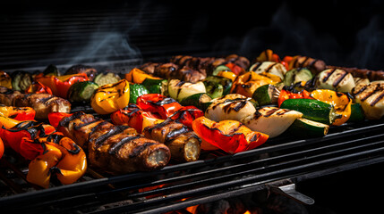 BBQ Grilled Vegetables on with Fresh Herbs and Spices. Barbecue Food.