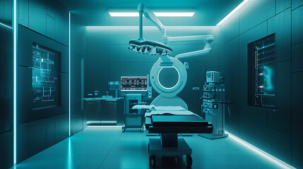Uma sala de hospital moderna e elegante com iluminação ambiente e equipamentos médicos futuristas  A sala exala uma atmosfera de tecnologia avançada e inovação