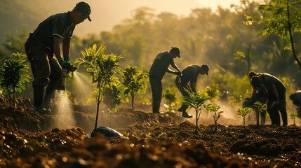Hands of the farmer are planting the seedlings into the soil - obrazy, fototapety, plakaty