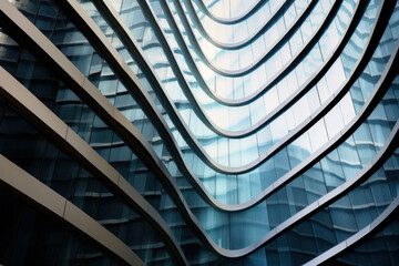 Modern tall city building with wavy futuristic design, low angle view of abstract curve lines. Geometric facade with glass and steel. Concept of architecture exterior, office - obrazy, fototapety, plakaty