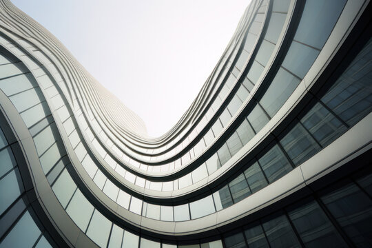 Modern building with wavy futuristic design, low angle view of abstract curve lines and sky. Geometric facade with glass and steel. Concept of architecture exterior, business, office