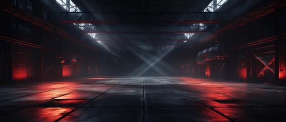 Dark warehouse background, perspective panoramic view of garage with led neon red lighting. Modern design of large empty room, abstract space interior. Concept of industry, building