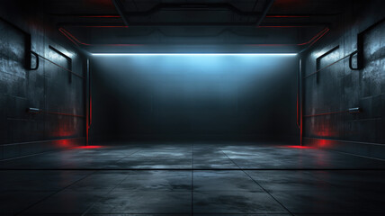 Dark garage background, empty grungy room with led neon lighting of wall like digital billboard or screen. Design of futuristic hall, modern studio interior. Concept of industry, tech - obrazy, fototapety, plakaty