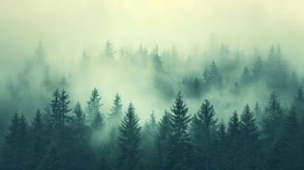 Misty landscape with mountains and fir forest in hipster vintage retro style