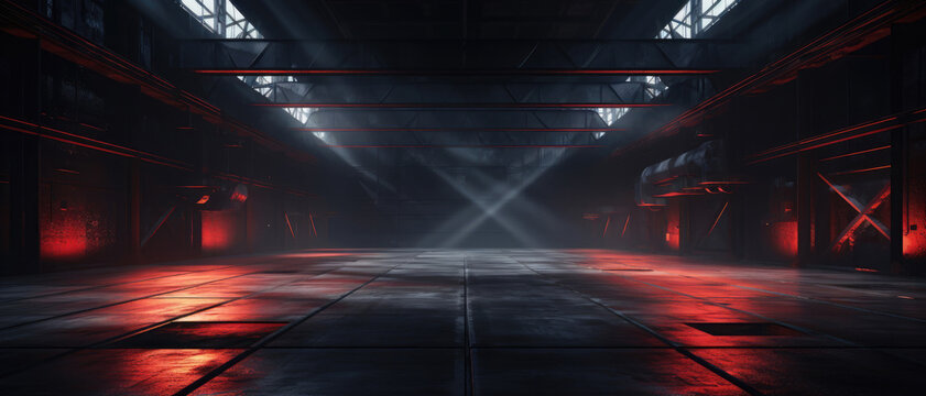 Dark warehouse background, perspective panoramic view of garage with led neon red lighting. Modern design of large empty room, abstract space interior. Concept of industry, building