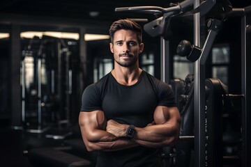 Fototapeta na wymiar Portrait of a muscular personal trainer at a gym