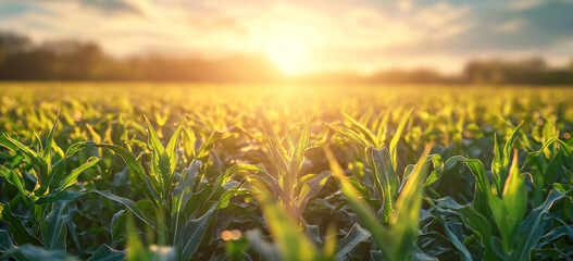 Golden sunlight envelops a flourishing cornfield, emphasizing the vitality of agricultural business and dedicated corn farm management, great for agribusiness media. - obrazy, fototapety, plakaty