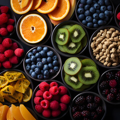 Creative neatly arranged food layout fruits and leaves on bright background. Minimal healthy food concept. Flat lay.