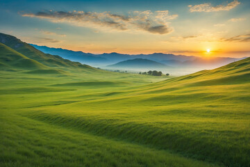 Wide grass field in green valley area at sunrise
