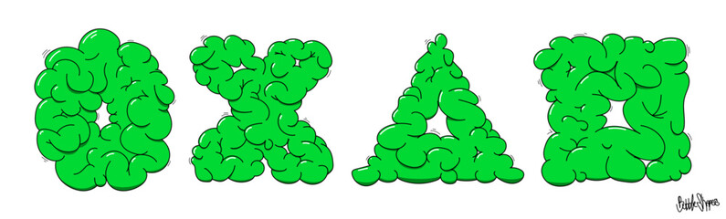 Green bubble abstract shapes, triangle, square, circle, cross symbol in toxic liquid mass style. Yu2K, psychedelic, geometric shapes. Funky bubbly shapes. Abstract retro modern. Vector graphic set