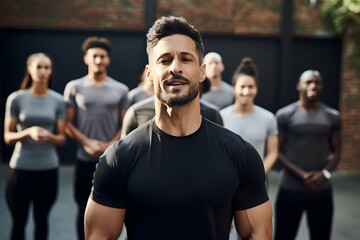 Confident male personal trainer with a group of clients at a gym