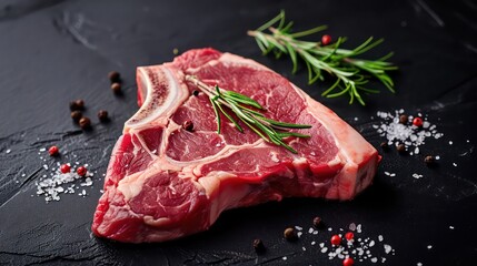 Raw meat steak with seasoning on concrete background. Beef T-bone steak, top view. Barbecue concept. Ingredients for roasting meat.