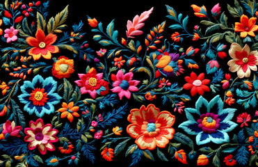 Fototapeta na wymiar Mexican embroidery flowers wallpaper design on black background. Generative ai
