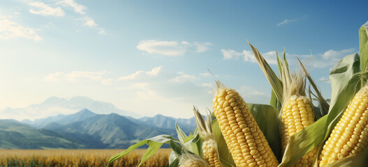 Agricultural bounty with fresh corn cobs,  embodying health food ideals with room for advertising copy. of agriculture and nutrition with copy space for advertisers. - obrazy, fototapety, plakaty