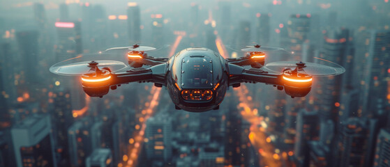 Futuristic drone flying over a modern city. Unmanned aircraft vehicle prototype flying in the sky. Remotely piloted aircraft for a safe and efficient air transport solution. - obrazy, fototapety, plakaty