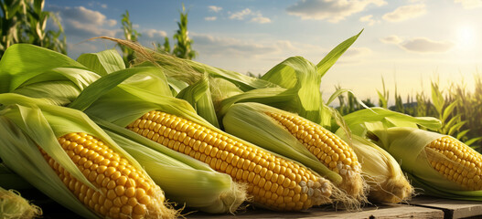 Nutritious corn cobs on wood, agricultural ambiance, promoting healthy eating, perfect layout for advertisers with copy space. - obrazy, fototapety, plakaty