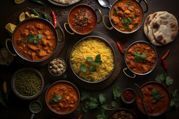 Fototapeta na wymiar assorted indian curry and rice dishes shot from overhead composition