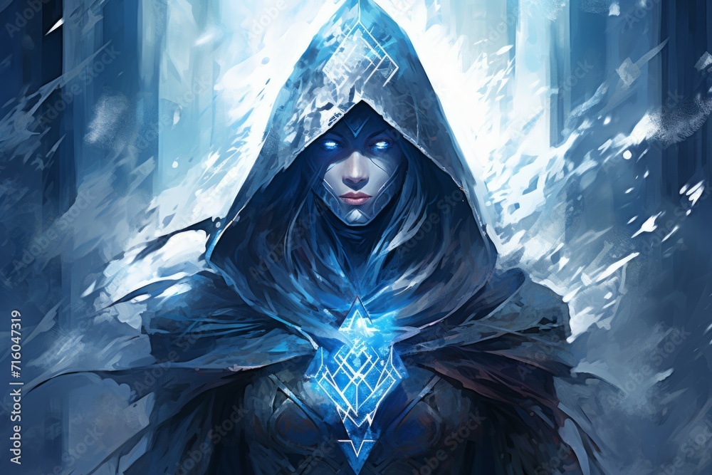 Poster A frost mage, capable of freezing enemies in their tracks and summoning blizzards of icy destruction. - Generative AI