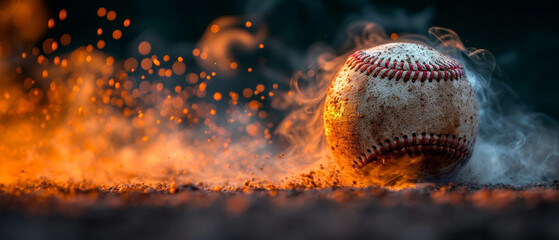 A baseball with smoke around, dark light and orange tones, black background. Space for text. - obrazy, fototapety, plakaty