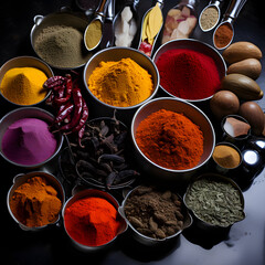 Colored spice background. Spices top view