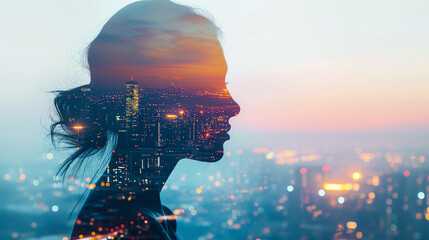 Double Exposure portrait of business woman with city skyline, corporate imagery