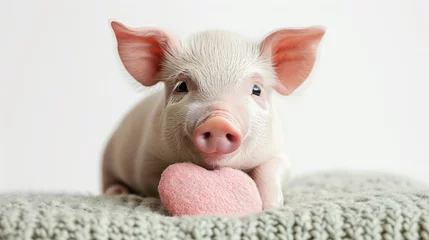 Fotobehang small cute pink pig holding a heart on a blurred background, valentines day, love, symbol, postcard, february 14, piglet, animal, character, illustration © Julia Zarubina
