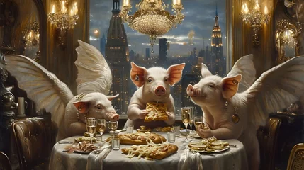 Fotobehang Funny pigs with wings enjoying pizza at an expensive italian restaurant with its decor © Koko Art Studio