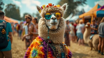 Funny alpaca at a music festival wearing colorful retro vintage 80's hippie outfit sunglasses carnival headdress made of flowers. Flower child hipster happy fashionista.