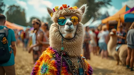 Wandcirkels plexiglas Funny alpaca at a music festival wearing colorful retro vintage 80's hippie outfit sunglasses carnival headdress made of flowers looking posing at camera © KOKO