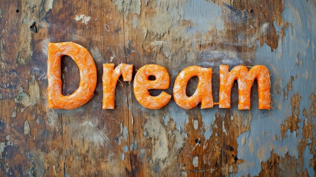 Orange Dream concept creative horizontal art poster. Photorealistic textured word Dream on artistic background. Horizontal Illustration. Ai Generated Imagination and Fantasy Symbol.