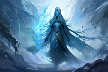 Fotobehang A frost mage, capable of freezing enemies in their tracks and summoning blizzards of icy destruction. - Generative AI © Sidewaypics