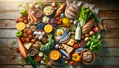 Overhead view featuring a healthy and appealing food spread on a rustic wooden table