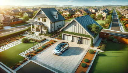 suburban home with large driveway captured from bird's eye view , EV charging - obrazy, fototapety, plakaty