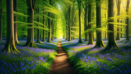 A photo-realistic image of a spring forest scene. The composition captures the essence of spring